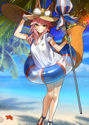 Rule 34 | 10s, 1girl, absurdres, animal ears, bracelet, breasts, day, ears through headwear, fate/extra, fate/grand order, fate (series), fox ears, fox tail, hat, highres, jewelry, large breasts, long hair, looking at viewer, nature, ocean, official art, parasol, pink hair, resized, sandals, shading eyes, smile, solo, tail, tamamo (fate), tamamo no mae (fate/extra), tamamo no mae (swimsuit lancer) (fate), tamamo no mae (swimsuit lancer) (first ascension) (fate), umbrella, upscaled, wada arco, waifu2x, yellow eyes