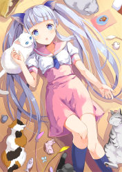 Rule 34 | 1girl, blue eyes, blush, calico, cat, cat teaser, fish, from above, gear-tan, long hair, looking at viewer, lying, on back, rabbit, solo, very long hair, yumekui