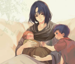 Rule 34 | 1boy, 2girls, age difference, aged down, baby, blue eyes, blue hair, brother and sister, brown hair, child, elena (fire emblem), family, fire emblem, fire emblem: path of radiance, fire emblem: radiant dawn, hanakago, ike (fire emblem), mist (fire emblem), mother and baby, mother and daughter, mother and son, multiple girls, nintendo, short hair, siblings, smile