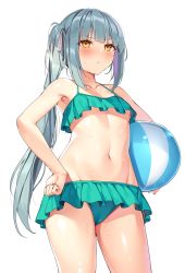 Rule 34 | 1girl, ball, beachball, bikini, blue bikini, blush, cameltoe, closed mouth, collarbone, commentary request, cowboy shot, frilled bikini, frills, from below, green bikini, hair between eyes, hair ornament, hair ribbon, hand on own hip, highres, holding, kaerunoko, kantai collection, kasumi (kancolle), long hair, looking at viewer, ribbon, side ponytail, silver hair, simple background, solo, standing, sweat, sweatdrop, swimsuit, thighs, very long hair, wet, yellow eyes