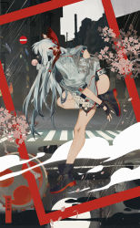 Rule 34 | 1girl, alternate costume, ankle boots, bare legs, belt, black footwear, black gloves, black shorts, boots, bow, blowing bubbles, cherry blossoms, chewing gum, city, crosswalk, fingerless gloves, flower, from side, fujiwara no mokou, full body, gas mask, gloves, grey jacket, hair bow, jacket, kneehighs, long hair, mask, outdoors, puffy short sleeves, puffy sleeves, rain, red bow, rei (sanbonzakura), road, road sign, short shorts, short sleeves, shorts, sign, socks, solo, standing, standing on one leg, street, studded belt, thighs, touhou, unzipped, very long hair, water, white hair, white socks, zipper