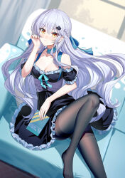 Rule 34 | 1girl, black dress, black pantyhose, breasts, brown eyes, cleavage, closed mouth, commentary, couch, dress, feet out of frame, frilled dress, frills, grey hair, hair between eyes, hair ornament, hairclip, hand up, highres, holding, long hair, looking at viewer, medium breasts, no shoes, off-shoulder dress, off shoulder, on couch, original, pantyhose, puffy short sleeves, puffy sleeves, ririko (zhuoyandesailaer), saegusa riko, short sleeves, solo, thighband pantyhose, very long hair