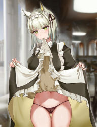 Rule 34 | 1girl, absurdres, animal ears, apron, arknights, black dress, black panties, blurry, blurry background, blush, breasts, cameltoe, cat ears, closed mouth, clothes lift, cowboy shot, depth of field, dress, dress lift, frilled dress, frills, gluteal fold, green eyes, green hair, heart, heart-shaped pupils, highres, indoors, juliet sleeves, kal&#039;tsit (arknights), lifting own clothes, long sleeves, looking at viewer, looking back, maid, maid headdress, medium breasts, momosawa nao, mouth hold, navel, official alternate costume, panties, puffy sleeves, short hair, smile, solo, sweat, symbol-shaped pupils, thigh gap, underwear, waist apron, white apron