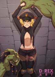 Rule 34 | 1boy, 1girl, angry, animal ears, arms up, artist name, black headwear, black pantyhose, black shorts, blonde hair, blush, boots, breasts, brit (d-rex), brown thighhighs, clenched teeth, colored skin, d-rex, green skin, hat, highres, indoors, jacket, knees together feet apart, medium breasts, nipples, original, out of frame, pantyhose, rabbit ears, restrained, short hair, shorts, solo focus, stone wall, teeth, thigh boots, thighhighs, torn clothes, torn jacket, torn legwear, wall, yellow eyes