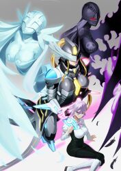 angel angel_girl angewomon armor breasts covered_eyes demon demon_girl digimon digimon_(creature) fallen_angel fusion glasses head_wings highres ladydevimon long_hair mask mastemon mikagura_mirei purple_eyes purple_hair ribbon short_hair wings