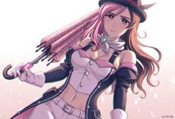 Rule 34 | 1girl, artist name, belt, belt buckle, black hat, black sleeves, breasts, brown eyes, brown hair, buckle, cleavage, closed mouth, closed umbrella, crop top, detached sleeves, dutch angle, floating hair, gloves, hat, hat feather, heterochromia, holding, holding umbrella, kio rojine, long hair, long sleeves, looking at viewer, medium breasts, midriff, multicolored hair, navel, neo politan, pants, pink eyes, pink hair, pink umbrella, rwby, solo, split-color hair, stomach, umbrella, white background, white belt, white gloves, white pants