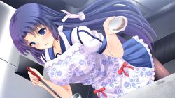 Rule 34 | 1girl, akabane ayumi, apron, blue eyes, blush, bowl, breasts, cooking, game cg, hair ornament, happy, hinata sora, huge breasts, kitchen, ladle, legs, long hair, looking at viewer, pantyhose, purple hair, school uniform, skirt, smile, solo, standing, stray school, thighs