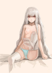 Rule 34 | 1girl, absurdres, cropped legs, feet, flat chest, fuuko chan, highres, leg up, long hair, nipples, original, outstretched leg, panties, paw print, purple eyes, silver hair, soles, solo, thighhighs, toes, topless, underwear, very long hair, white thighhighs