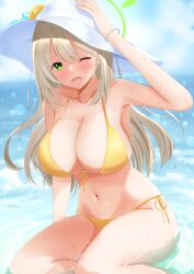 Rule 34 | 1girl, absurdres, arm support, bare arms, bikini, blonde hair, blue archive, blue sky, blush, bracelet, breasts, cleavage, cloud, day, flower, green eyes, hair between eyes, halo, hand on headwear, hat, hat flower, highres, jewelry, large breasts, long hair, looking at viewer, miyakoshin053, navel, nonomi (blue archive), nonomi (swimsuit) (blue archive), ocean, official alternate costume, one eye closed, open mouth, outdoors, partially submerged, side-tie bikini bottom, sidelocks, sky, smile, solo, sun hat, swimsuit, white hat, yellow bikini, yellow flower