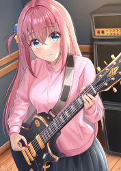 Rule 34 | 1girl, akiyama0818, blue eyes, blush, bocchi the rock!, breasts, closed mouth, cowboy shot, crossed bangs, cube hair ornament, day, electric guitar, expressionless, gibson les paul, gotoh hitori, green eyes, grey skirt, guitar, hair ornament, highres, holding, holding instrument, indoors, instrument, jacket, long hair, long sleeves, looking at viewer, medium breasts, multicolored eyes, pink hair, pink jacket, pleated skirt, sidelocks, signature, skirt, solo, standing, track jacket, wooden floor