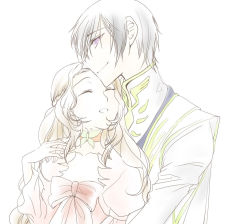 Rule 34 | 00s, 1boy, 1girl, blind, bow, bowtie, brother and sister, brown hair, closed eyes, code geass, collarbone, couple, dress, hatapoppo, hetero, hug, lelouch vi britannia, nunnally vi britannia, red bow, red bowtie, red dress, siblings, simple background, upper body, white background