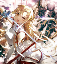 Rule 34 | 1girl, armor, arms up, asuna (sao), bare shoulders, blush, brown eyes, brown hair, bunbun, dress, highres, holding, holding sword, holding weapon, long hair, looking at viewer, rapier, red ribbon, ribbon, sword, sword art online, weapon, white armor, white dress