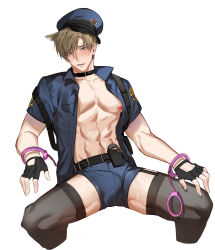 Rule 34 | 1boy, abs, animal ears, belt, black thighhighs, blonde hair, blue eyes, blue shorts, blush, bulge, cat boy, cat ears, cuffs, fingerless gloves, flustered, garter straps, gloves, handcuffs, hat, highres, invisible chair, jujeop, large pectorals, leon s. kennedy, male focus, muscular, navel, nipples, open clothes, open shirt, parted lips, pectorals, police, police hat, police uniform, resident evil, short hair, short shorts, shorts, sitting, solo, spread legs, sweat, thighhighs, uniform, white background