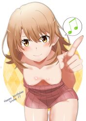 Rule 34 | 1girl, absurdres, arm behind back, bare shoulders, blonde hair, blush, breasts, breasts apart, closed mouth, collarbone, cowboy shot, downblouse, dress, happy birthday, highres, isshiki iroha, jksfs, leaning forward, light smile, looking at viewer, medium hair, musical note, pink dress, pointing, pointing at viewer, reaching, reaching towards viewer, short dress, sleeveless, sleeveless dress, small breasts, solo, strapless, strapless dress, yahari ore no seishun lovecome wa machigatteiru., yellow eyes