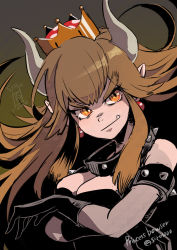 Rule 34 | 1girl, armlet, bowsette, breasts, brown background, brown hair, character name, cleavage, crown, fang, fang out, gloves, head tilt, horns, mario (series), nintendo, orange eyes, pointy ears, shiroton (kazamineko), solo, spiked armlet, super crown, v-shaped eyebrows