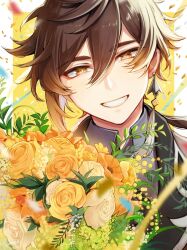 Rule 34 | 1boy, close-up, confetti, flower, genshin impact, highres, looking at viewer, rose, seto (gf gnsn), smile, solo, solo focus, streamers, twitter, yellow flower, yellow rose, zhongli (genshin impact)