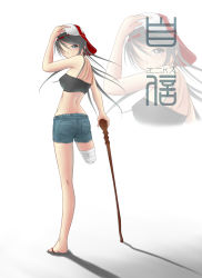 Rule 34 | 1girl, 59442587, absurdres, amputee, artist name, backwards hat, bandages, bare legs, black hair, breasts, cane, denim, denim shorts, eniksu, flip-flops, hair over one eye, hat, highres, long hair, looking at viewer, looking back, medium breasts, midriff, one leg, sandals, shorts, simple background, solo, tank top, white background, zoom layer
