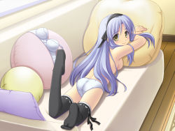 Rule 34 | 1girl, ass, atsushima you, blush, bra, breasts, eternal wind, feet, highres, ito noizi, lingerie, long hair, no shoes, panties, purple hair, solo, thighhighs, topless, underwear, underwear only