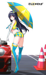 Rule 34 | 1girl, alternate color, ass, bare shoulders, belt, black hair, boots, breasts, car, closed mouth, closers, crop top, cropped vest, elbow gloves, full body, gloves, hairband, high heel boots, high heels, highres, holding, holding umbrella, long hair, looking at viewer, looking back, luna aegis (closers), midriff, motor vehicle, non-web source, official art, purple eyes, race queen, short shorts, shorts, single thighhigh, sleeveless, small breasts, smile, solo, standing, thigh boots, thighhighs, thighs, traffic cone, umbrella, vest