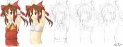 Rule 34 | 1girl, armpits, arms up, bad id, bad pixiv id, bow, breasts, brown hair, colorized, detached sleeves, female focus, hair bow, hair tubes, hakurei reimu, highres, japanese clothes, long image, miko, monochrome, navel, nude, progression, red eyes, sarashi, sketch, small breasts, smile, solo, sunyukun, touhou, underwear, underwear only, wide image