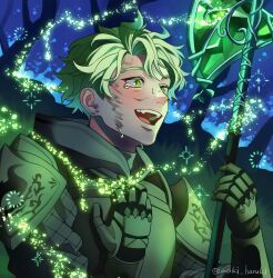 Rule 34 | 1boy, armor, breastplate, crying, dirty, dirty face, fangs, green eyes, green hair, hand on own chest, highres, maki haruki, metal gloves, official alternate costume, open mouth, plate armor, sebek zigvolt, short hair, shoulder armor, slit pupils, smile, solo, sparkle, tears, turtleneck, twisted wonderland, twitter username, upper body, wavy hair