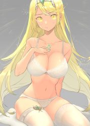 Rule 34 | 1girl, blonde hair, blush, bra, breasts, chest jewel, cleavage, closed mouth, fujie-yz, gem, grey background, hand on own chest, headpiece, highres, lingerie, long hair, looking at viewer, mythra (xenoblade), panties, simple background, sitting, solo, swept bangs, thighhighs, tiara, underwear, very long hair, white bra, white panties, white thighhighs, xenoblade chronicles (series), xenoblade chronicles 2, yellow eyes