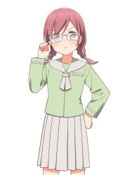 Rule 34 | 1girl, blush, braid, brown eyes, frown, glasses, green shirt, hand on own hip, hand up, kisaragi hina, long sleeves, looking at viewer, low twintails, original, pleated skirt, school uniform, serafuku, shirt, skirt, solo, standing, twin braids, twintails, uniform, white background, white skirt
