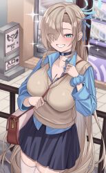 Rule 34 | 1girl, asuna (blue archive), bag, between breasts, black choker, blue archive, blue eyes, blue halo, blue ribbon, blue shirt, blush, breasts, brown sweater vest, choker, cleavage, hair ribbon, halo, handbag, highres, holding, holding bag, large breasts, light brown hair, long hair, looking at viewer, o-los, outdoors, pleated skirt, ribbon, scrunchie, shirt, skirt, smile, sparkle, strap between breasts, sweater vest, thighhighs, thighs, very long hair, vest, white thighhighs, wrist scrunchie