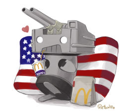 Rule 34 | american flag, american flag print, artist name, bad id, bad pixiv id, cannon, cup, disposable cup, flag print, heart, kantai collection, mcdonald&#039;s, no humans, o o, pillow, rensouhou-kun, retorillo, simple background, solo, turret, white background