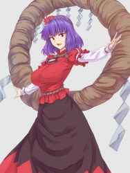 Rule 34 | 1girl, black skirt, breasts, cowboy shot, eyebrows hidden by hair, grey background, hair ornament, hands on own hips, highres, kakone, large breasts, layered sleeves, leaf hair ornament, long skirt, long sleeves, looking at viewer, mature female, mirror, open mouth, outstretched arms, purple hair, red eyes, red shirt, rope, shide, shimenawa, shirt, short hair, short over long sleeves, short sleeves, simple background, skirt, solo, spread arms, standing, touhou, yasaka kanako