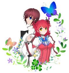 Rule 34 | 1boy, 1girl, asbel lhant, blue eyes, bow, brooch, brown hair, buckle, bug, butterfly, cheria barnes, clover, coat, couple, flower, four-leaf clover, heart, highres, insect, jewelry, red hair, ribbon, short hair, short twintails, simple background, smile, tales of (series), tales of graces, twintails, yellow eyes, yuzu koneko