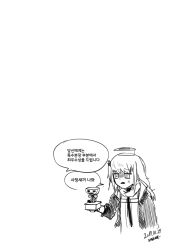 Rule 34 | 1girl, anger vein, artist name, clip studio paint (medium), commentary request, dated, fake halo, girls&#039; frontline, hair ornament, hairclip, halloween, halo, highres, holding, holding trophy, jacket, korean commentary, korean text, long hair, madcore, monochrome, necktie, shaded face, side ponytail, simple background, solo, st ar-15 (girls&#039; frontline), translation request, trophy, upper body, white background