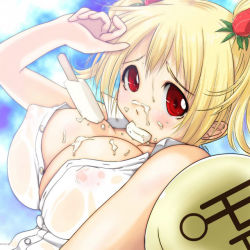 Rule 34 | 1girl, blonde hair, breasts, figure, fii-tan, fii-tan the figure, huge breasts, large breasts, melting, moedog, popsicle, red eyes, shirt, solo, wet, wet clothes, wet shirt, white shirt
