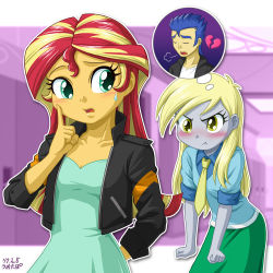 Rule 34 | 1boy, 2girls, angry, aqua eyes, blonde hair, colored skin, derpy hooves, flash sentry, grey skin, multicolored hair, multiple girls, my little pony, my little pony: equestria girls, my little pony: friendship is magic, personification, red hair, sunset shimmer, thought bubble, two-tone hair, uotapo, yellow eyes, yellow skin