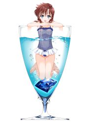 Rule 34 | 1girl, arch lapin, barefoot, bikini, bikini skirt, blue eyes, brown hair, checkered clothes, checkered swimsuit, commentary, condensation, cup, diamond (gemstone), drinking glass, elbow rest, english commentary, full body, highres, legs up, long hair, looking at viewer, magic kaito, mini person, minigirl, nakamori aoko, one-piece swimsuit, open mouth, simple background, smile, solo, submerged, swimsuit, thigh gap, water, wet, white background, wine glass