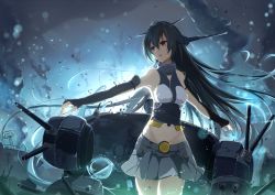 Rule 34 | 10s, 1girl, bare shoulders, black gloves, cannon, cowboy shot, debris, dust, elbow gloves, fingerless gloves, gloves, glowing, grey skirt, headgear, hidaka kouyou, highres, kantai collection, long hair, looking to the side, machinery, midriff, nagato (kancolle), personification, pleated skirt, skirt, standing, turret, vest, weapon