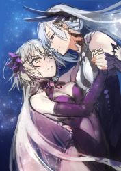 Rule 34 | 2girls, bare shoulders, blonde hair, blush, breasts, brynhildr (fate), clothing cutout, dancing, detached sleeves, dress, elbow gloves, fate/grand order, fate (series), flower, frown, gloves, hair flower, hair ornament, holding hands, jeanne d&#039;arc (fate), jeanne d&#039;arc (ruler) (fate), jeanne d&#039;arc alter (avenger) (fate), jeanne d&#039;arc alter (avenger) (third ascension) (fate), jeanne d&#039;arc alter (fate), long hair, multiple girls, navel cutout, night, night sky, official alternate costume, onigiri-kun (demmy), purple eyes, side slit, silver hair, sky, star (sky), starry sky, yellow eyes, yuri