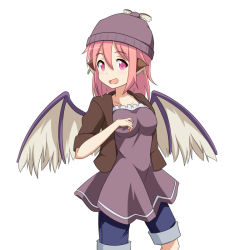 Rule 34 | 1girl, :d, alternate costume, animal ears, beanie, bird wings, breasts, casual, cato (monocatienus), collarbone, contemporary, dress, earrings, hat, jacket, jewelry, large breasts, mystia lorelei, open clothes, open jacket, open mouth, pink eyes, pink hair, purple dress, shorts, shorts under dress, shorts under skirt, simple background, smile, solo, touhou, white background, winged hat, wings