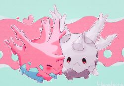 Rule 34 | :&gt;, animal focus, aqua background, artist name, blush, closed eyes, colored skin, commentary request, corsola, creatures (company), galarian corsola, galarian form, game freak, gen 2 pokemon, gen 8 pokemon, hanabusaoekaki, heart, nintendo, no humans, pink background, pink skin, pokemon, pokemon (creature), red eyes, solid oval eyes, two-tone background, white skin