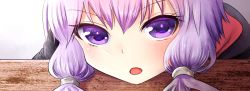 Rule 34 | 1girl, :o, as (27273212), head on table, kakan (amka), looking at viewer, low twintails, open mouth, purple eyes, purple hair, solo, twintails, vocaloid, voiceroid, wood, yuzuki yukari