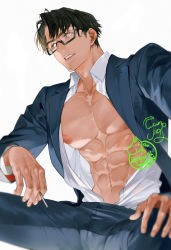 Rule 34 | 1boy, abs, bara, bare pectorals, black-framed eyewear, blue pants, blue suit, bulge, cigarette, collarbone, collared shirt, formal, funpjinju, green hair, holding, holding cigarette, jacket, large pectorals, looking to the side, male focus, mature male, muscular, muscular male, navel, nipples, open clothes, open jacket, open shirt, original, pants, pectorals, shirt, short hair, sideburns, solo, spread legs, stomach, suit, white shirt