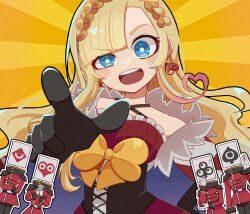 Rule 34 | 1girl, 4others, black gloves, blonde hair, blue eyes, bow, braid, cape, dress, forehead, gloves, hand on own hip, highres, kajiyuta, long hair, multicolored hair, multiple others, open mouth, optie animation, original, pointing, queen aluett, red dress, tagme, uneven eyes, unusual head, very long hair