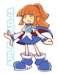 Rule 34 | 1girl, :d, arle nadja, armor, artsy-rc, blue cape, blue footwear, blue skirt, cape, character name, commentary, detached sleeves, english commentary, full body, halftone, highres, long sleeves, open mouth, orange hair, pauldrons, ponytail, puyopuyo, red cape, shoes, short sleeves, shoulder armor, signature, simple background, skirt, smile, solo, standing, two-sided cape, two-sided fabric, white background, yellow eyes