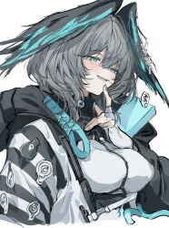 Rule 34 | 1girl, aqua eyes, aqua wings, arknights, black wings, blush, breasts, commentary request, cropped torso, fangs, finger to own chin, fingerless gloves, gloves, grey hair, head wings, highres, ho&#039;olheyak (arknights), hood, hood down, hooded coat, large breasts, long sleeves, looking down, medium hair, multicolored wings, na tarapisu153, open mouth, simple background, smile, solo, speech bubble, translation request, upper body, white background, white gloves, wings