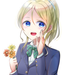 Rule 34 | 1girl, artist request, ayase eli, blonde hair, blue cardigan, blue eyes, blue jacket, blush, bow, bowtie, breasts, cardigan, collared shirt, f41a20jzoiojiyb, f41a20jzolojiyb, female focus, flower, green bow, hair between eyes, hair ornament, hair scrunchie, highres, holding, holding flower, jacket, long hair, long sleeves, looking at viewer, love live!, love live! school idol project, otonokizaka school uniform, parted lips, pleated skirt, ponytail, school uniform, scrunchie, shirt, short sleeves, skirt, small breasts, smile, solo, striped, striped bow, white background, white scrunchie, white shirt