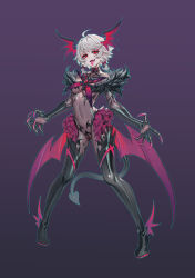 Rule 34 | 1girl, absurdres, ahoge, blue outline, bodysuit, boots, breasts, claws, covered navel, dark persona, demon girl, demon tail, demon wings, elbow gloves, eyeshadow, fang, forked tongue, frilled skirt, frills, full body, fur trim, gloves, gradient background, head wings, highres, looking at viewer, low wings, magical girl, makeup, medium breasts, naughty face, original, outline, pale skin, pigeon-toed, pointy ears, purple background, pussy, red eyes, red eyeshadow, see-through bodysuit, shen hai ichigo, shiny clothes, short hair, skin fang, skin tight, skirt, slit pupils, solo, standing, tail, thigh boots, tongue, tongue out, variant set, white hair, wings
