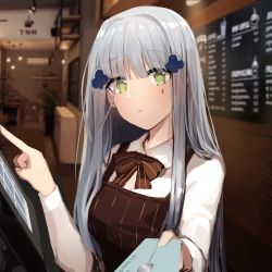 Rule 34 | 1girl, absurdres, alternate costume, apron, barista, bow, bowtie, credit card, expressionless, facial mark, girls&#039; frontline, giving, green eyes, hair ornament, highres, hk416 (girls&#039; frontline), long hair, long sleeves, looking at viewer, menu board, seorang, silver hair, solo, teardrop, touchscreen, very long hair