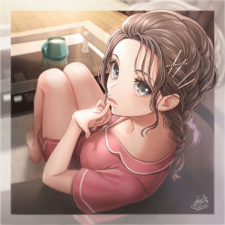 Rule 34 | 1girl, bare legs, barefoot, black eyes, border, braid, breasts, brown hair, collarbone, controller, cup, dated, finger to mouth, forehead, from behind, fumi (butakotai), glass table, grey border, hair ornament, hairclip, indoors, knees up, leaning back, long hair, looking at viewer, looking back, loungewear, medium breasts, on floor, original, parted lips, remote control, short sleeves, signature, sitting, solo, table, twin braids, x hair ornament