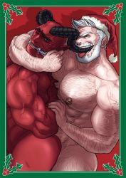 Rule 34 | abs, absol (dkqthf), anal, arm around neck, arm hair, bald, bara, beard, border, chest hair, christmas, completely nude, demon boy, demon horns, facial hair, from side, hat, horns, interracial, large pectorals, leg hair, licking, male focus, male penetrated, mature male, mistletoe, movie reference, muscular, muscular male, navel hair, nipples, nude, old, old man, original, pectorals, santa claus, santa hat, sex, short hair, textless version, thick thighs, thighs, tongue, tongue out, veins, yaoi