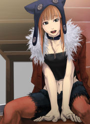 Rule 34 | 1girl, blunt bangs, brown hair, buttons, chain, character request, collar, hat, kushizukino ayame, leash, pantyhose under shorts, long hair, midriff, navel, open mouth, pantyhose, shorts, sitting, solo